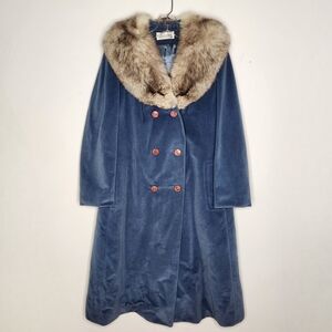 Vintage Lorendale Bromleigh Womens Velvet Coat Faux Fur Collar Blue Medium* Long